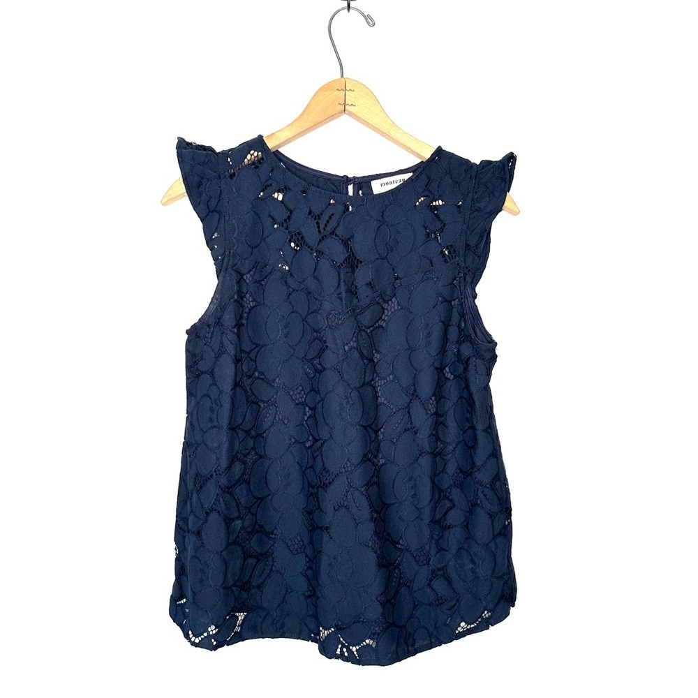 Monteau | Navy Blue Lace Ruffle Sleeve Tank Top Size Large